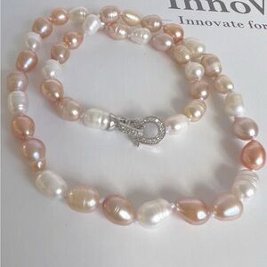 Freshwater Pearl Necklace 8-9mm Pink White 18” Silver Plated Womens jewelry